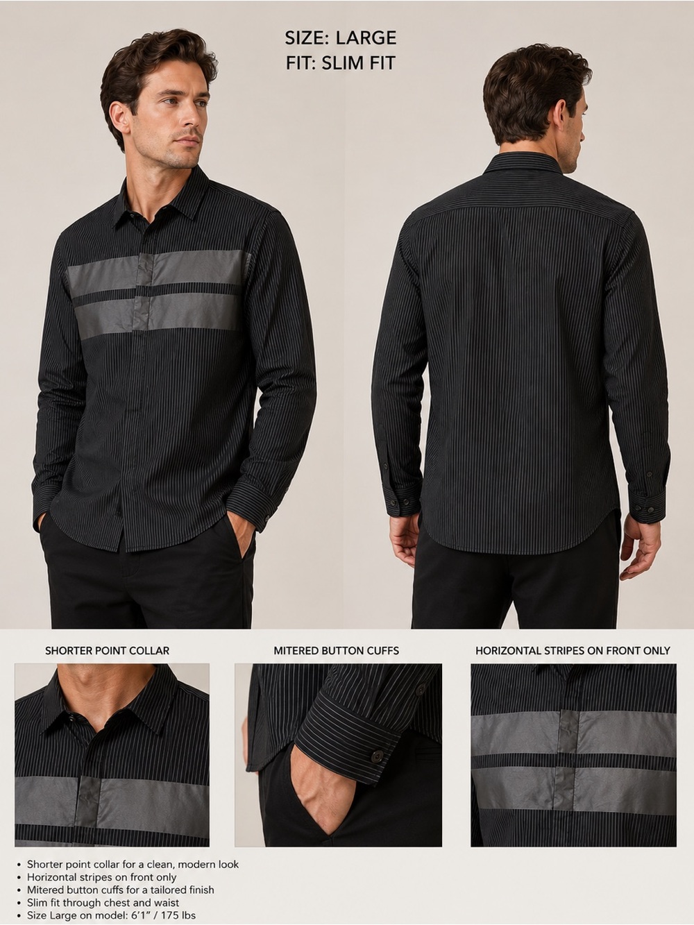 A|X Armani Exchange Men’s Large Slim Fit Black Pinstripe Reflective Band Shirt